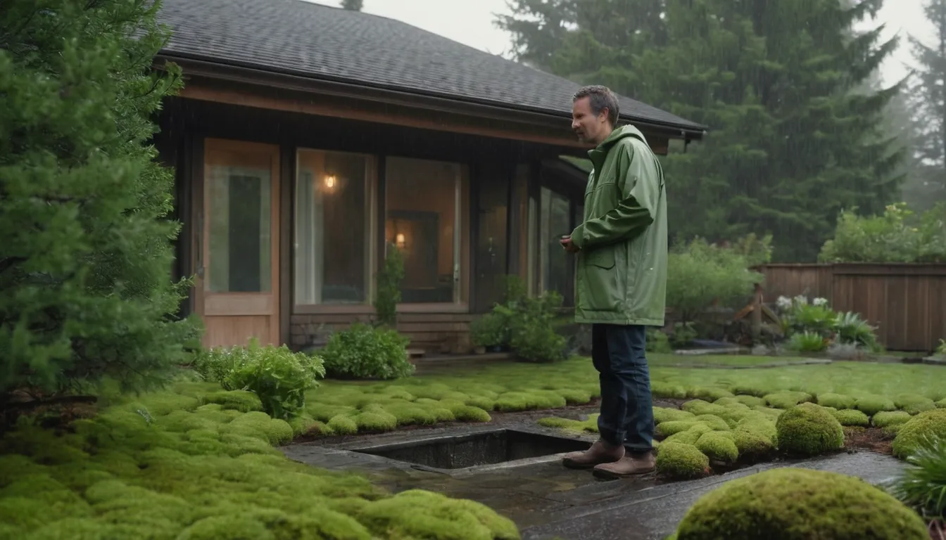 Homeowner checking a damp lawn near a septic tank area in Vancouver after steady rain